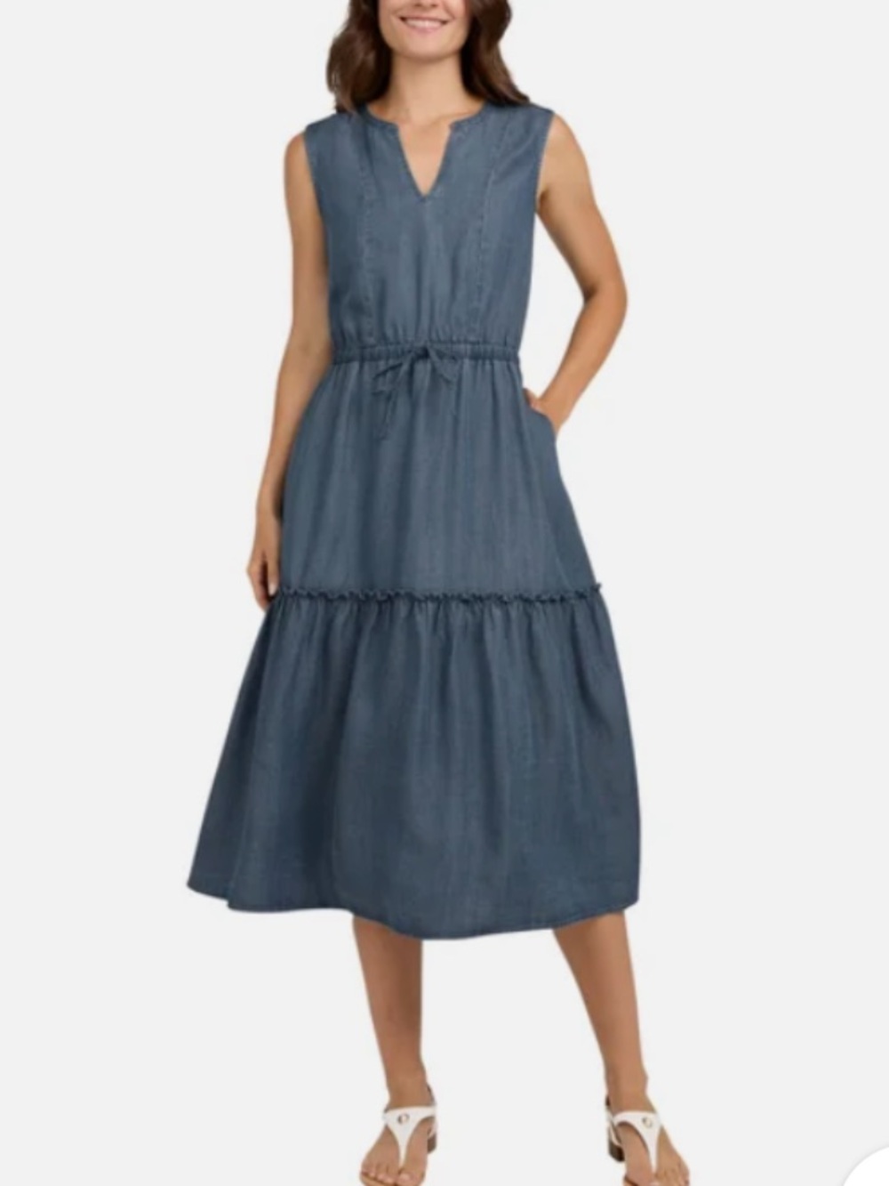 Lands' End Sleeveless Chambray Tiered Midi Dress in Denim Blue
